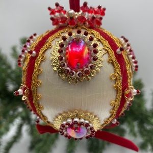 Vintage Handmade Red Gold Jewels Beaded Ivory Satin Velvet  Christmas Ornament
